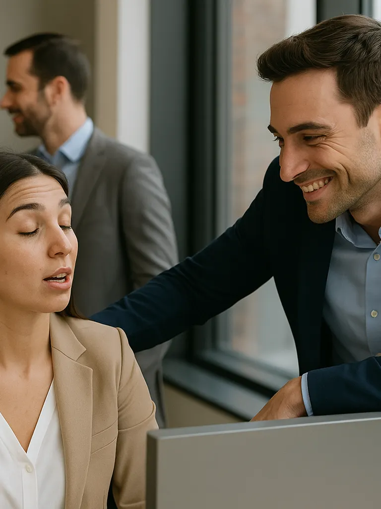 A man flirting with a woman at a workplace