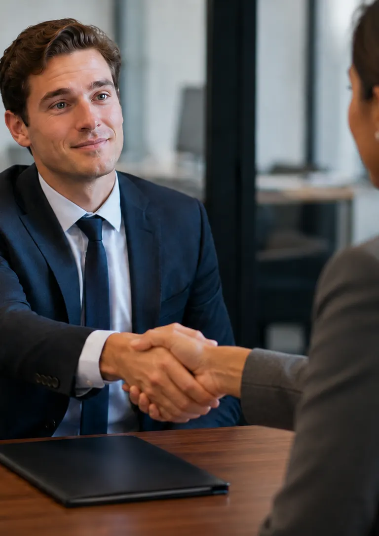 Job candidate shaking hands with an interviewer across a desk, an offer folder between them, the interviewer's face partly turned away in a modern office.