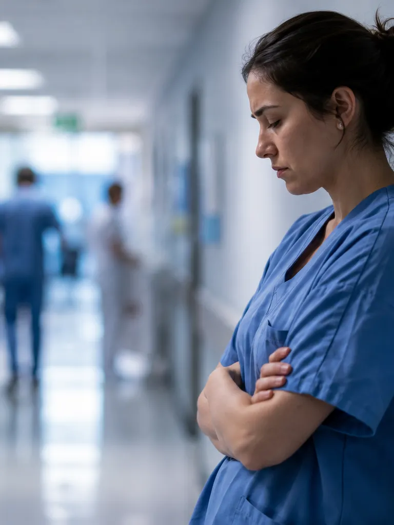 A weary healthcare worker pauses in a hospital hallway, reflecting the stress and safety concerns nurses face on the job.