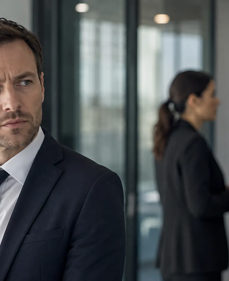 Concerned professional in an office while two colleagues speak privately in the background.