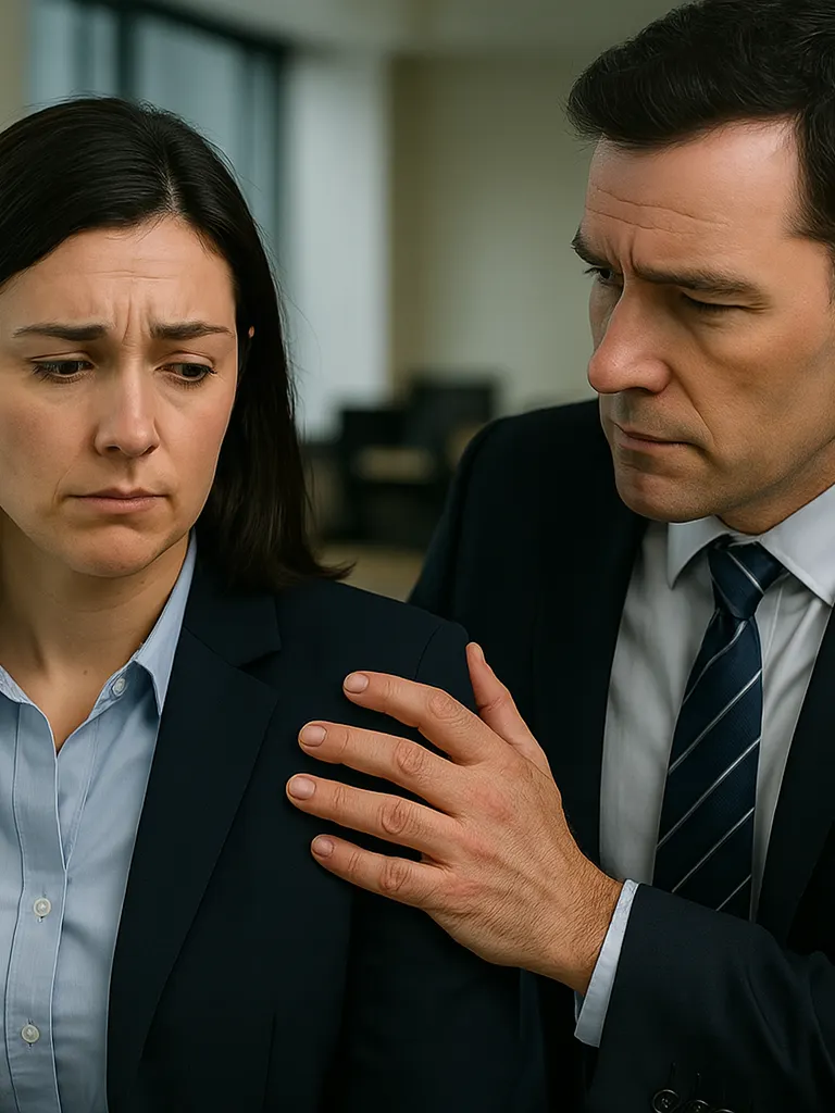 Man in a suit placing his hand on woman's shoulder