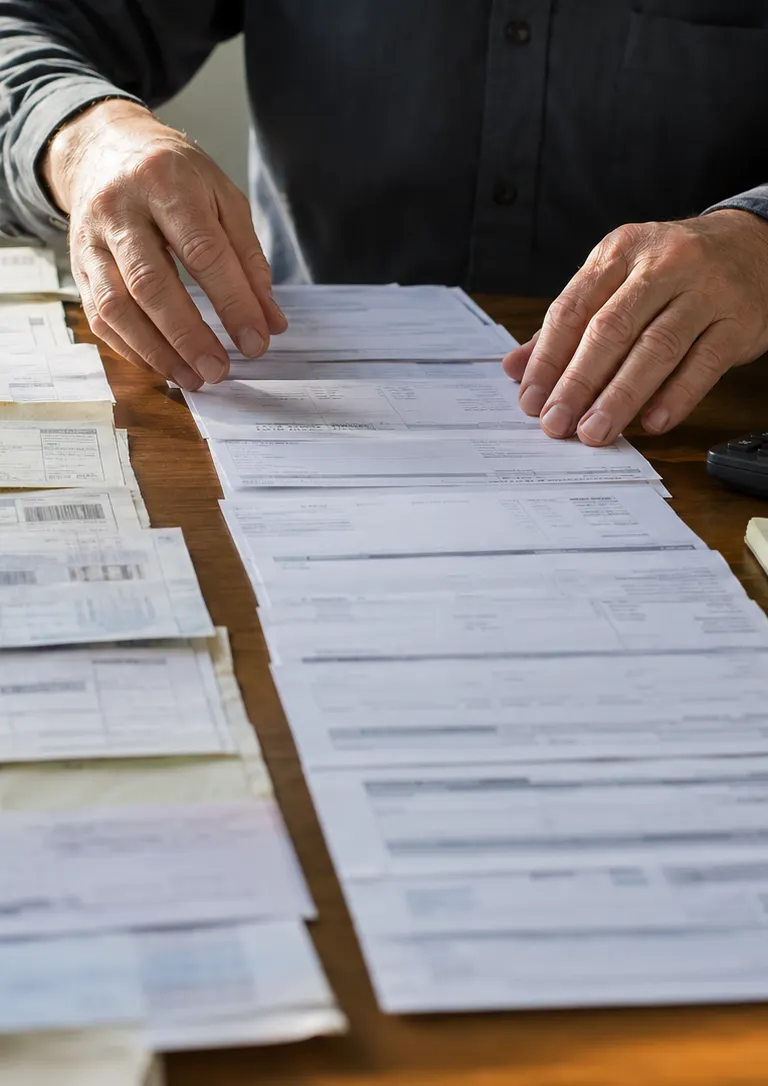 Hands laying out several years of pay records in two columns on a desk beside a calculator and notepad, older invoices on one side and newer pay stubs on the other.