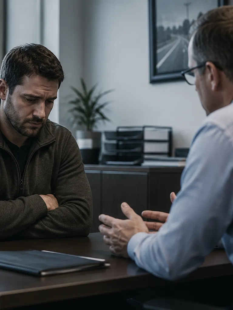 Employee sitting across a desk from a supervisor during a tense one-on-one meeting in a professional office, the employee's posture guarded while the supervisor leans forward.