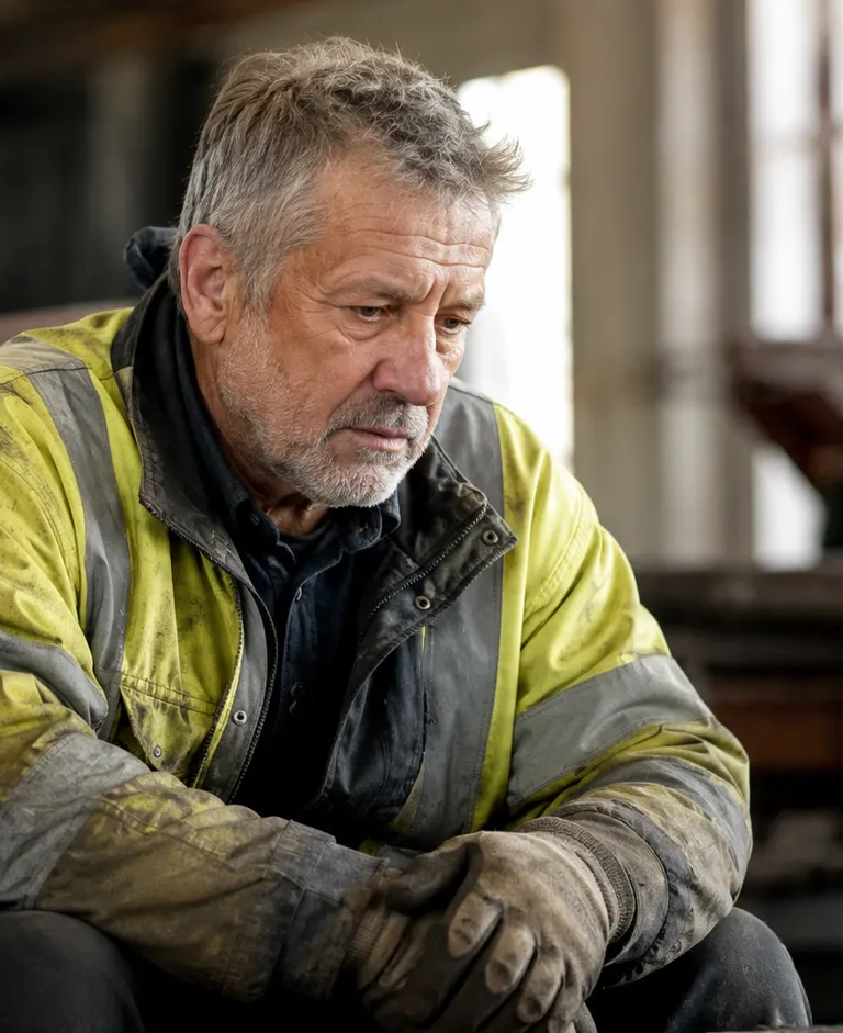 Older industrial worker in dusty safety gear sitting in a workshop after years of workplace exposure.