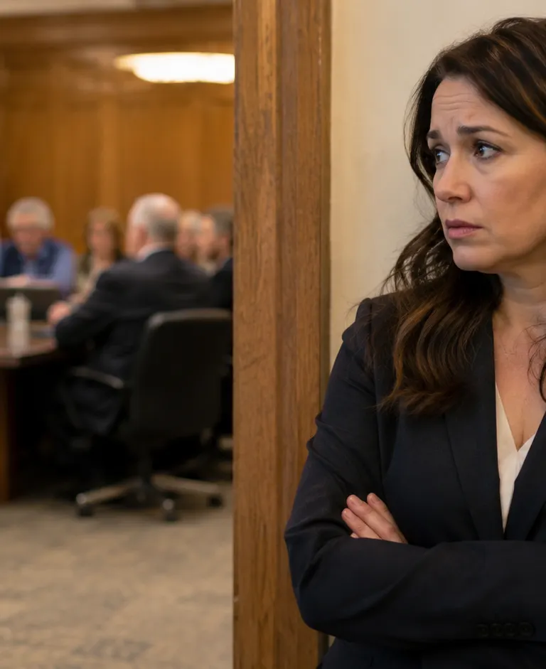 Concerned public employee standing outside a meeting room while officials discuss employment matters behind closed doors.