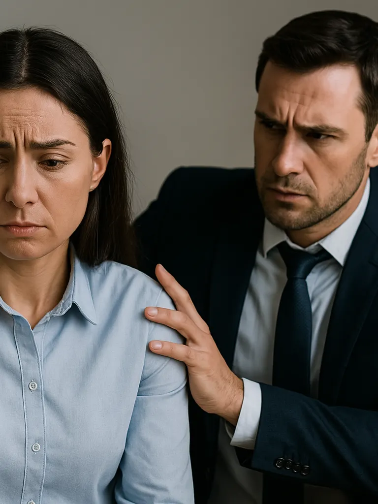 Manager putting his hand on the employee's shoulder