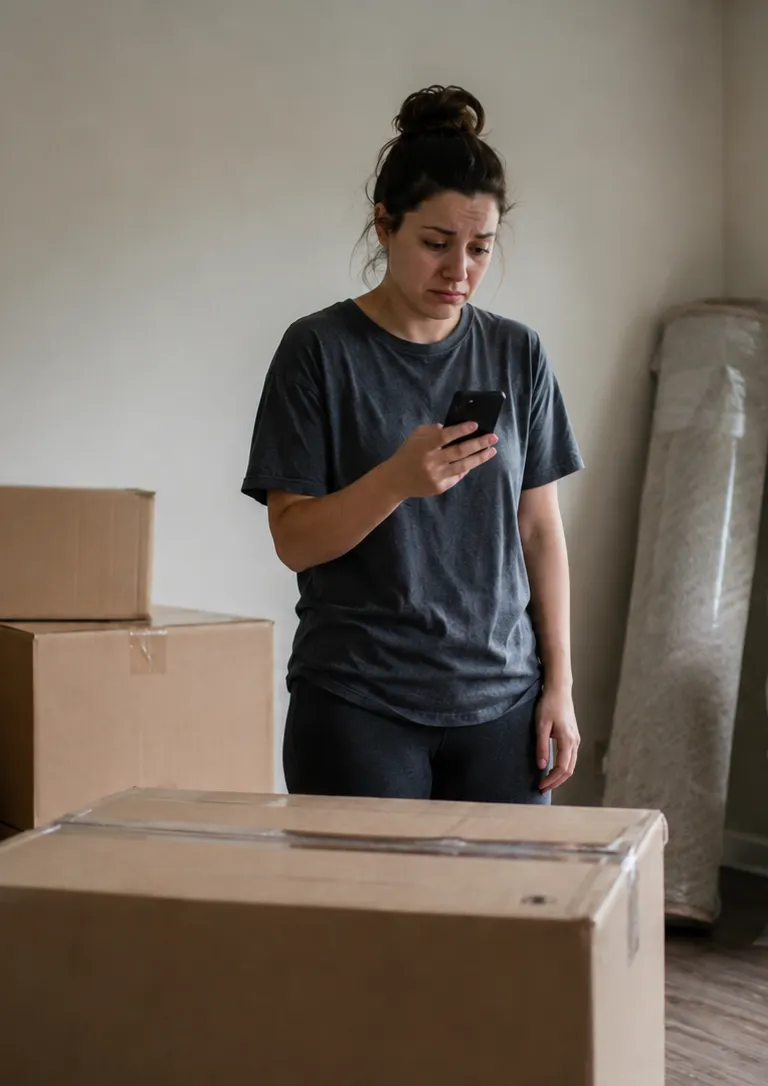 Person standing among sealed moving boxes in a nearly empty apartment, reading their phone with a sad expression, a rolled rug and packed lamp beside them.