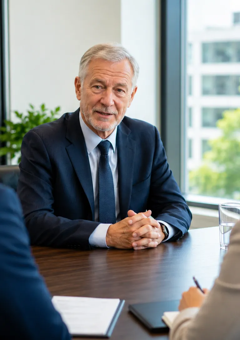 Older professional seated across from two younger colleagues at a conference table, looking thoughtful and withdrawn.
