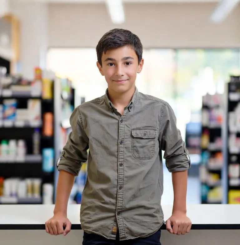 Smiling teenage boy in casual work shirt standing confidently behind a retail store counter during daytime, representing a young worker starting their first job in New Jersey