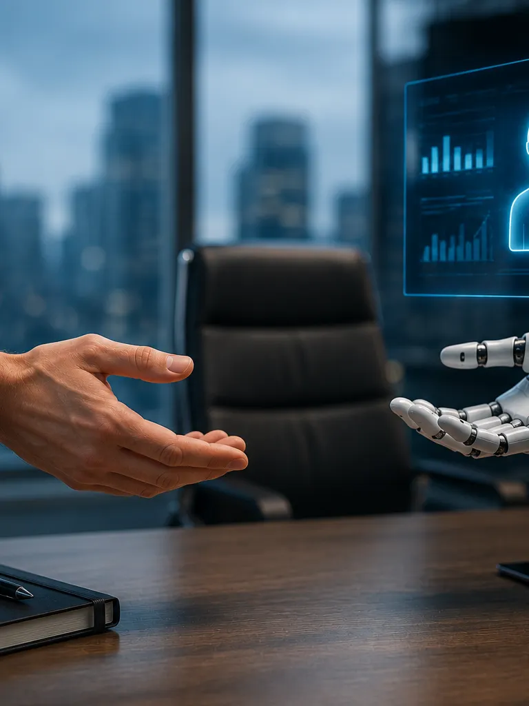 A human and a robotic hand meet over a desk beside a digital employee dashboard, representing AI's growing role in employment decisions.
