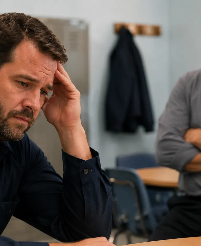 Concerned employee seated in a workplace break room while a union representative stands nearby with crossed arms.