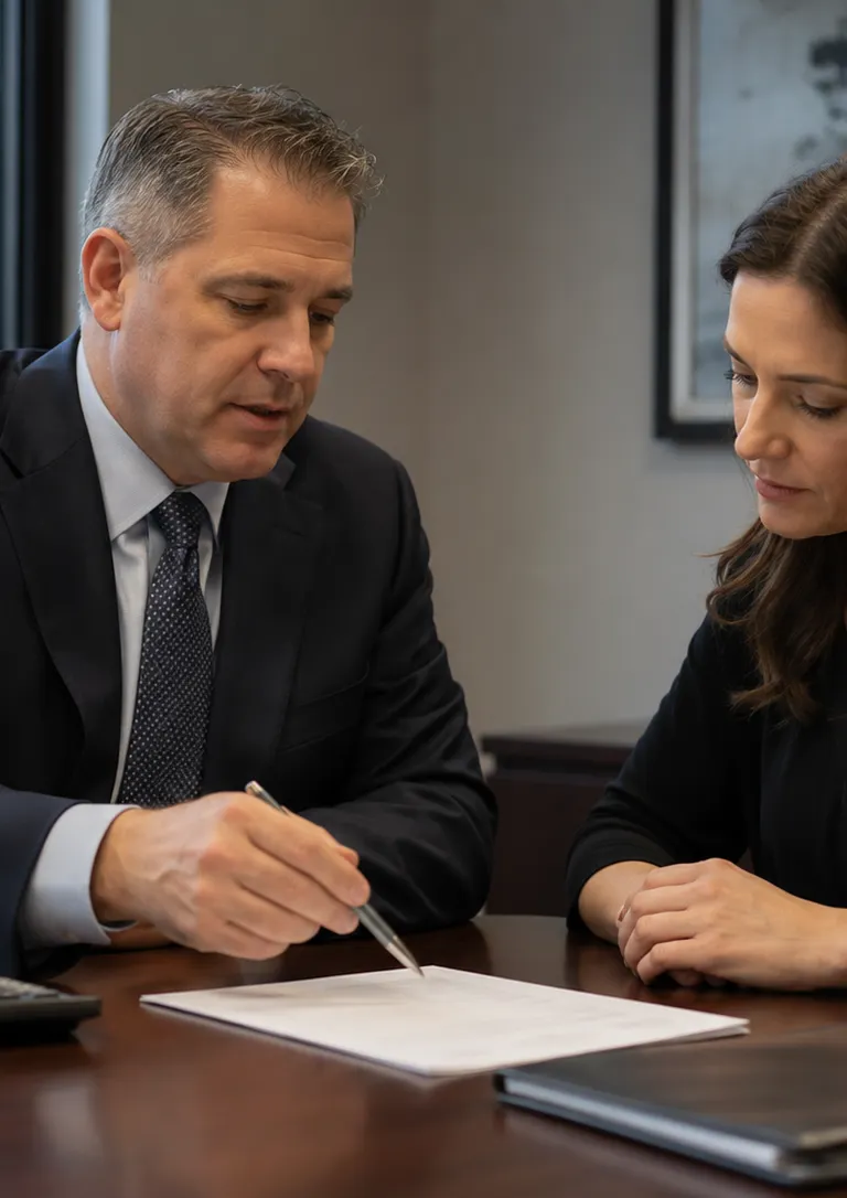 Attorney and client seated at a small conference table reviewing a fee agreement, the attorney gesturing toward the document while the client listens, a calculator and folder nearby.
