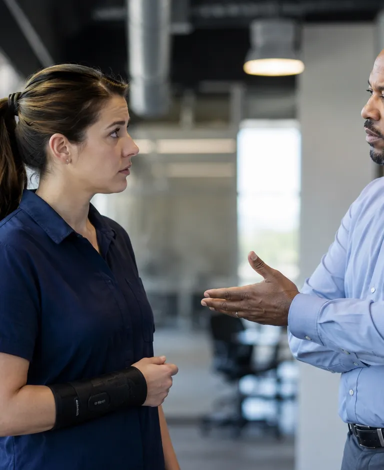 Employee wearing a wrist brace speaks with a manager during a serious workplace discussion.