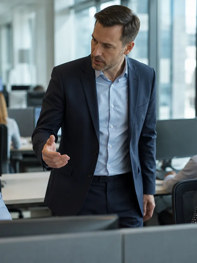 Person in business attire standing and gesturing while directing two seated employees at their workstations in an open-plan office, suggesting authority over their daily work.