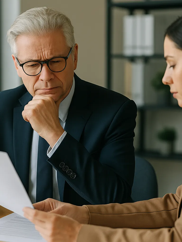 A man looking at a document with a lawyer