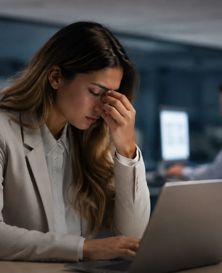 Stressed office employee working late at a laptop in a modern workplace with a coworker blurred in the background.