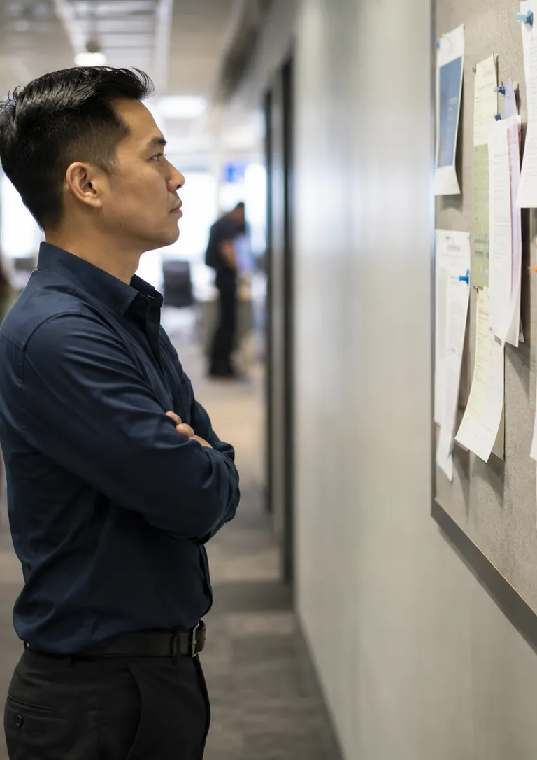 Employee standing in an office hallway reading a notice pinned to a workplace bulletin board, colleagues passing out of focus in the background.