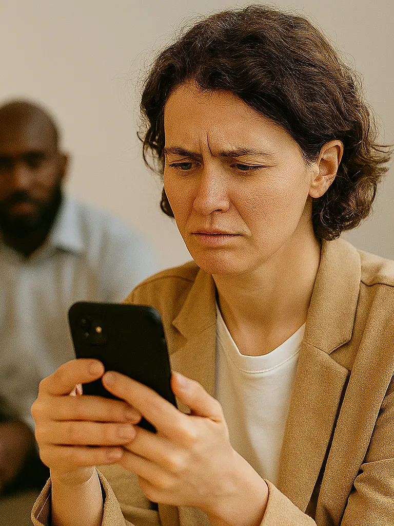 Woman looking through her phone, a man sitting behind her