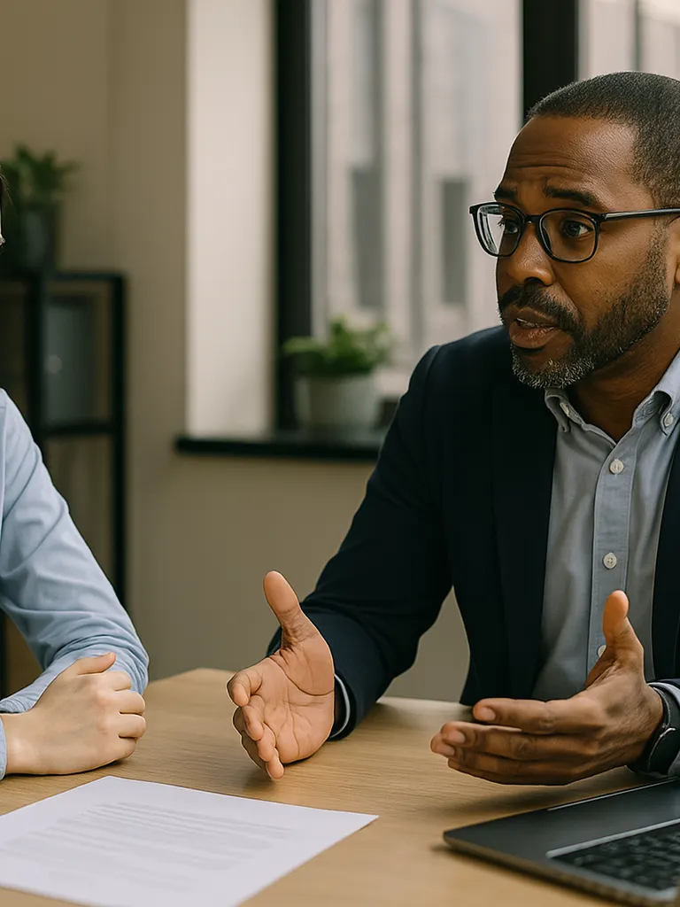 A man at a desk witha woman explaining he's an Independent Contractor