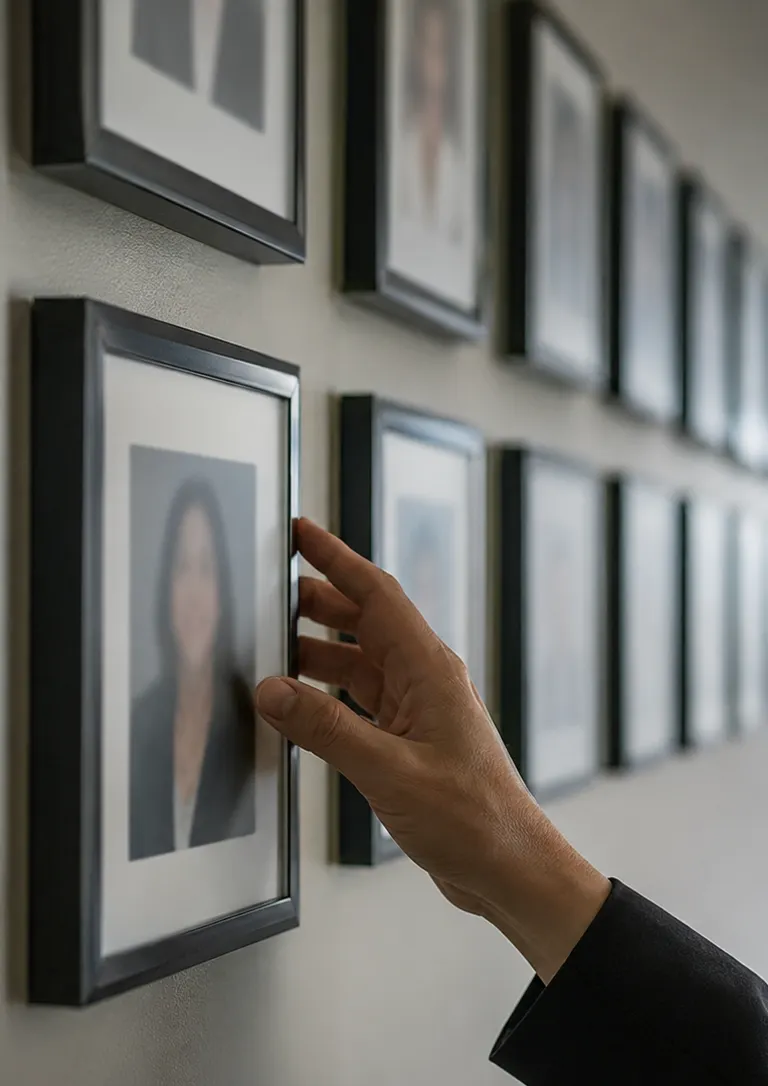 Hand touching a single frame on a long wall of employee photo frames in a corporate hallway, the row stretching out of focus behind it.