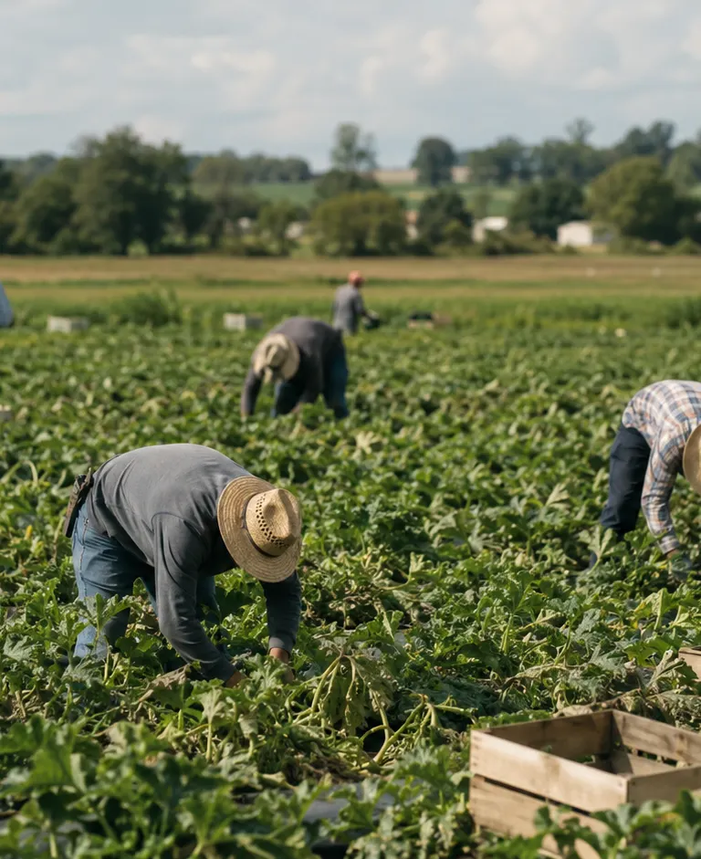 Farmworkers in hats bending over rows of crops harvesting produce into wooden crates in an open field under a partly cloudy sky.