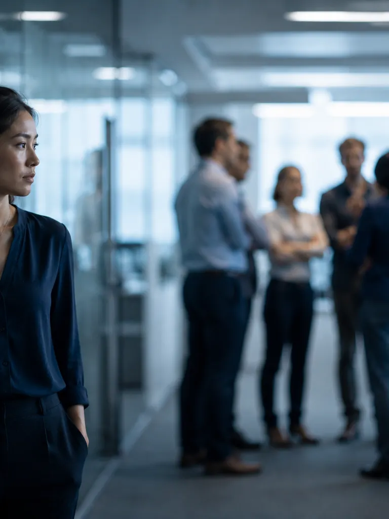 A tech worker stands alone, separated from colleagues, conveying the isolation of an employee weighing whether to report concerns.
