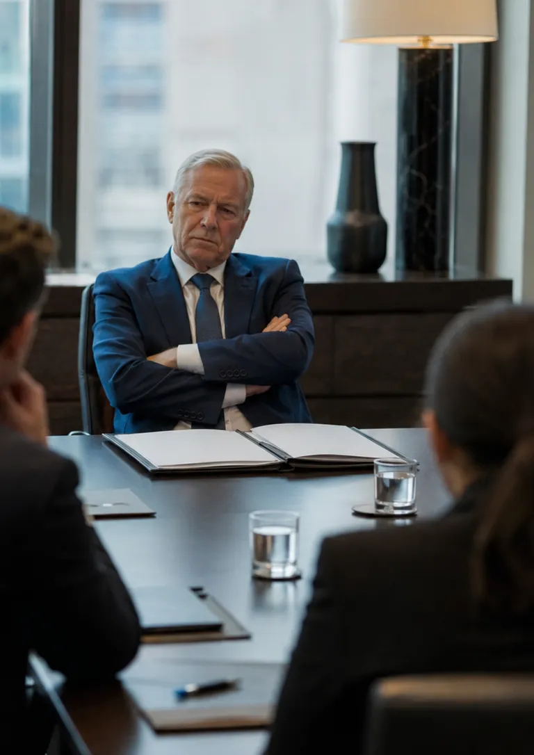 Executives seated around a boardroom table in a serious closed-door meeting, one figure at the head of the table leaning back with arms crossed beside an open folder of documents.