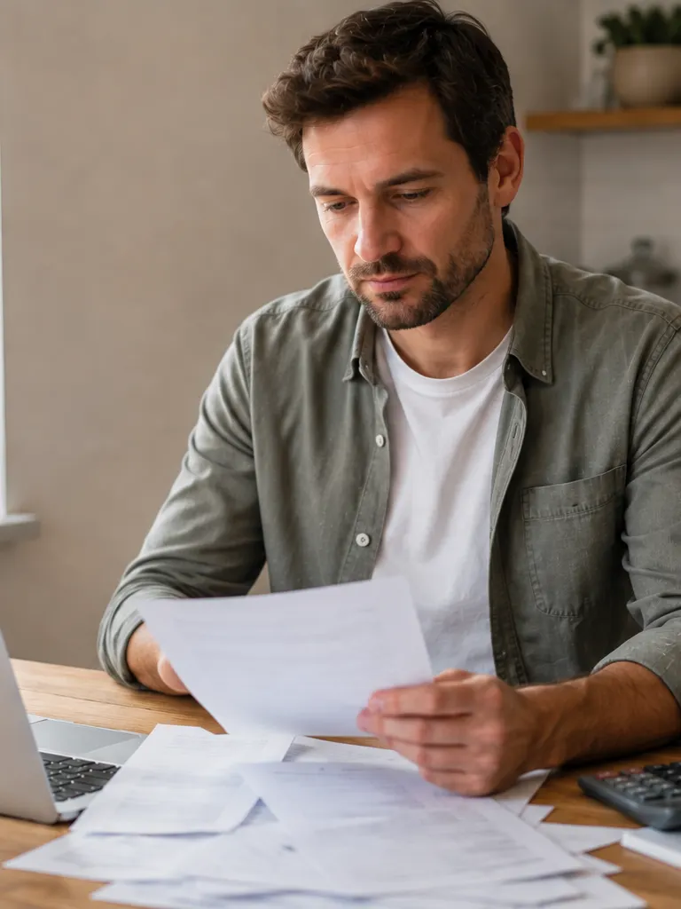 Man in a green shirt sitting at a kitchen table reviewing a sheet of paper with a focused expression, a laptop, calculator, and coffee mug in front of him and a window with a plant behind him.