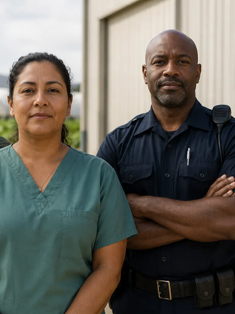 A group of workers from different occupations, including a farm worker, a healthcare aide, a public safety officer, and a warehouse worker in a safety vest, standing together outdoors.