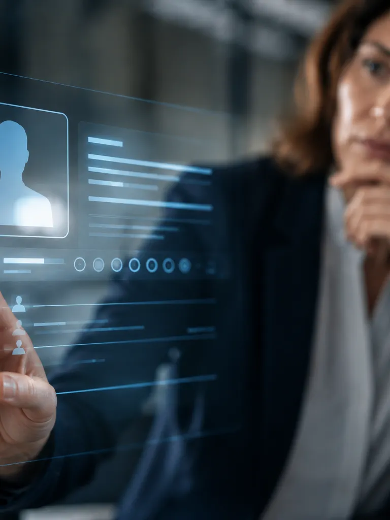 A hiring manager reviews an AI-generated candidate profile on a digital interface, weighing an automated employment decision.