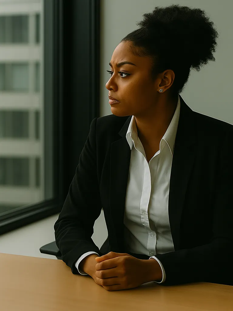 Woman looking through a window at her desk