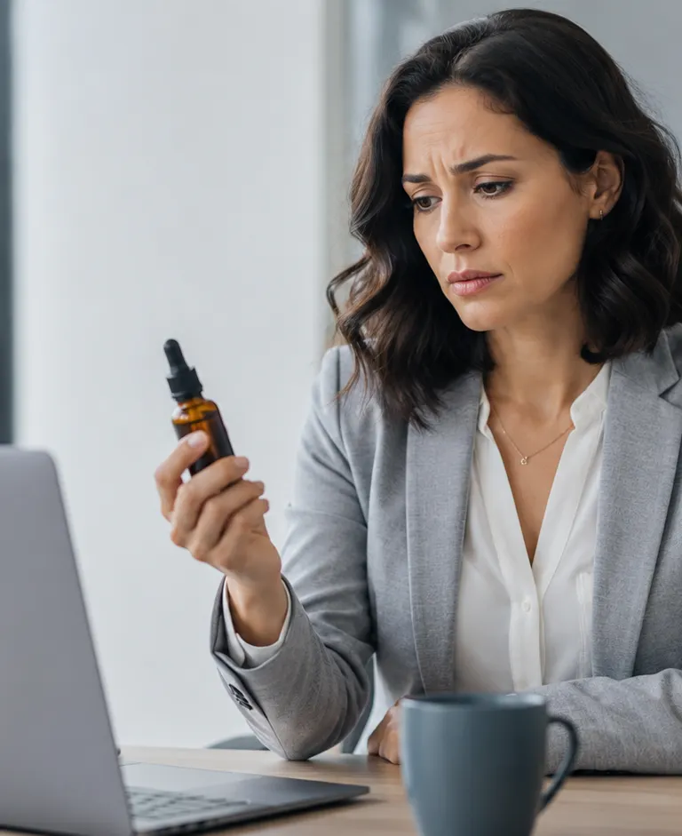 Professional woman in an office looking concerned while holding an unlabeled dropper bottle near a laptop.