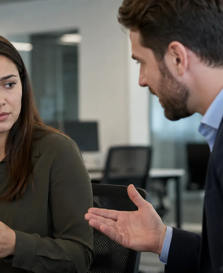 Concerned employee holding a smartphone while speaking with a manager about access to her private social media account.