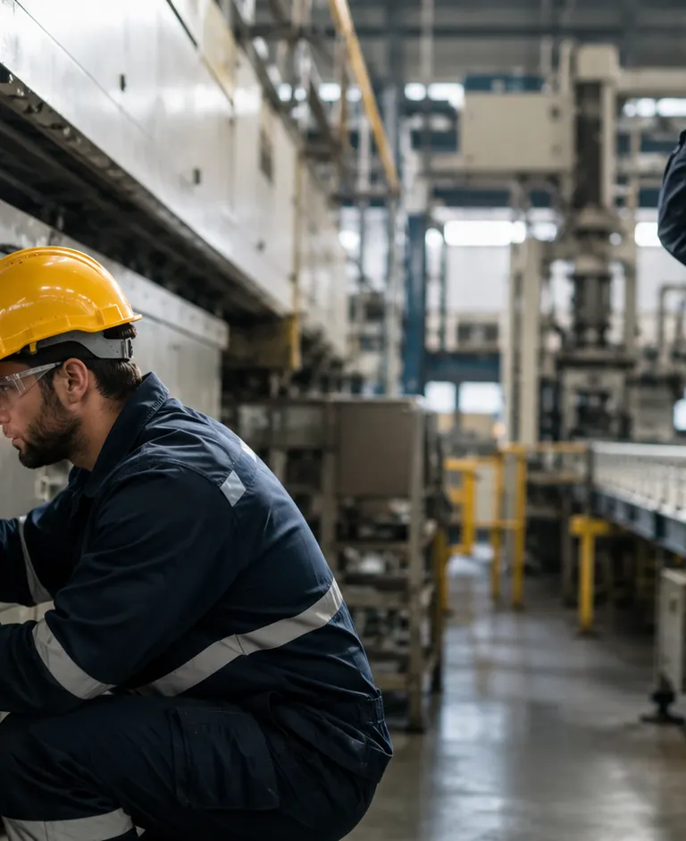 Industrial worker servicing machinery with a red safety lockout device while a supervisor observes on a factory floor.