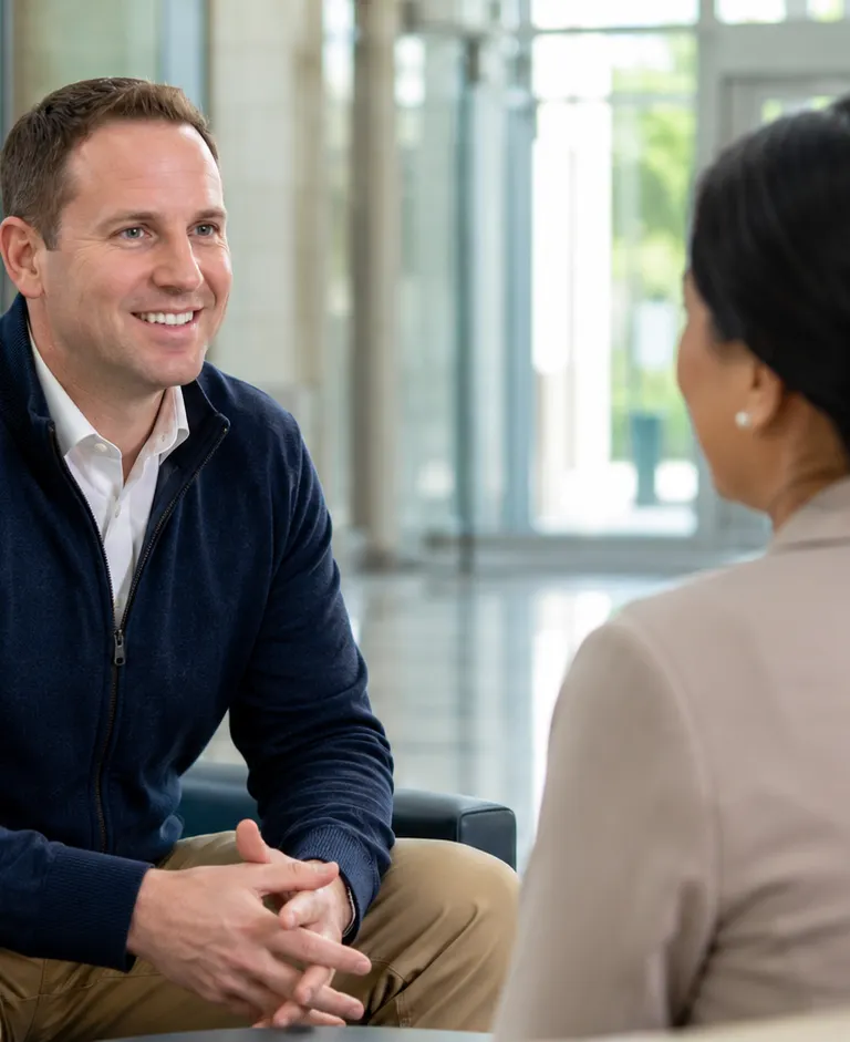 Veteran job applicant speaking with a public employment representative in a modern government office lobby.