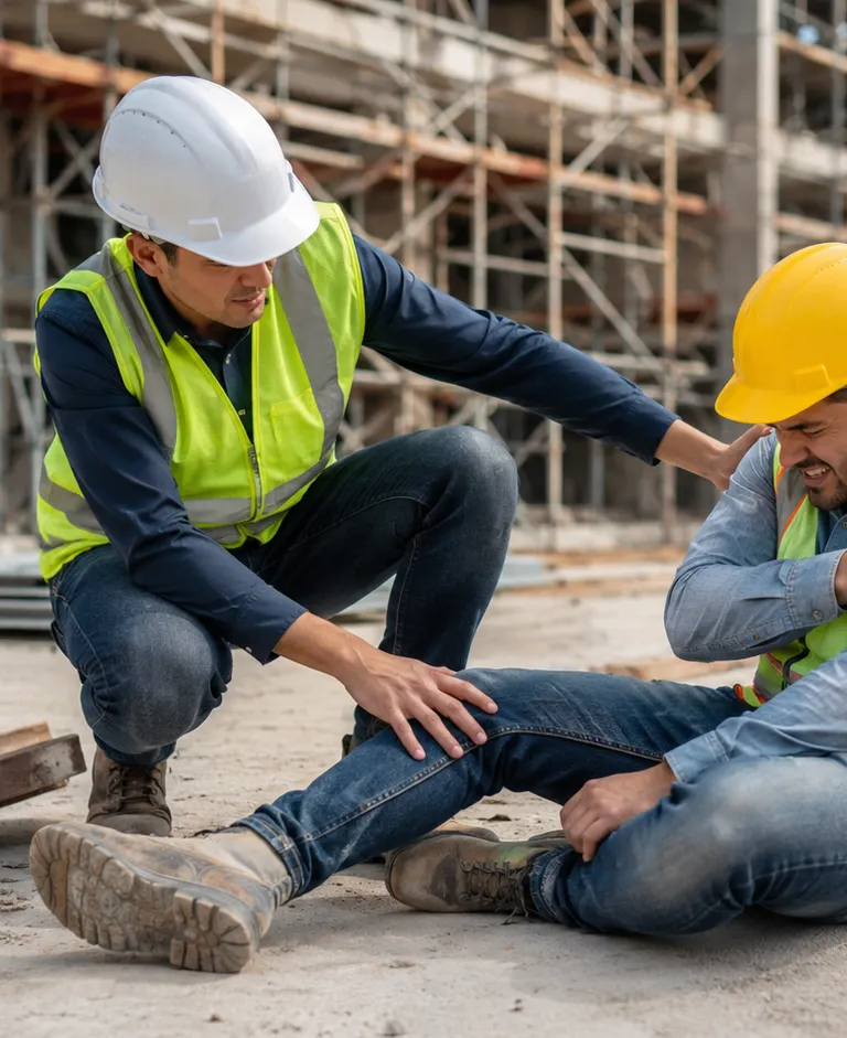 Construction worker injured on a job site while another worker helps him near scaffolding and construction materials.