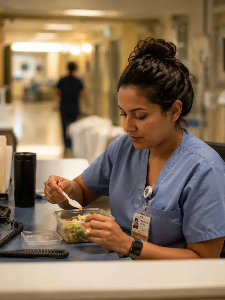 A nurse in scrubs eats a quick meal at a nurses' station while still on the unit during a busy hospital shift.
