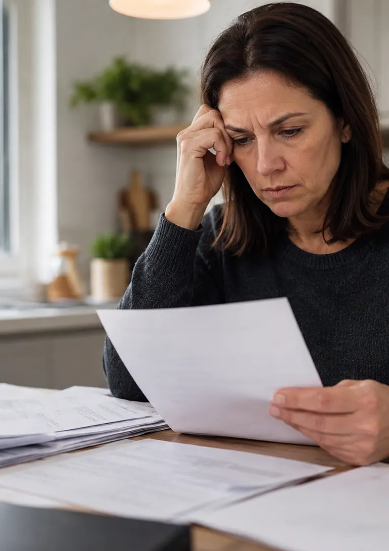 Person seated at a kitchen table reviewing a stack of insurance correspondence and medical paperwork, holding one letter with a concerned, focused expression.