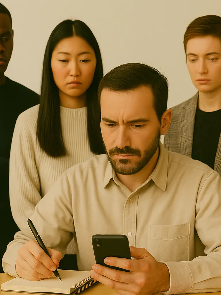 Employees standing behind their colleague
