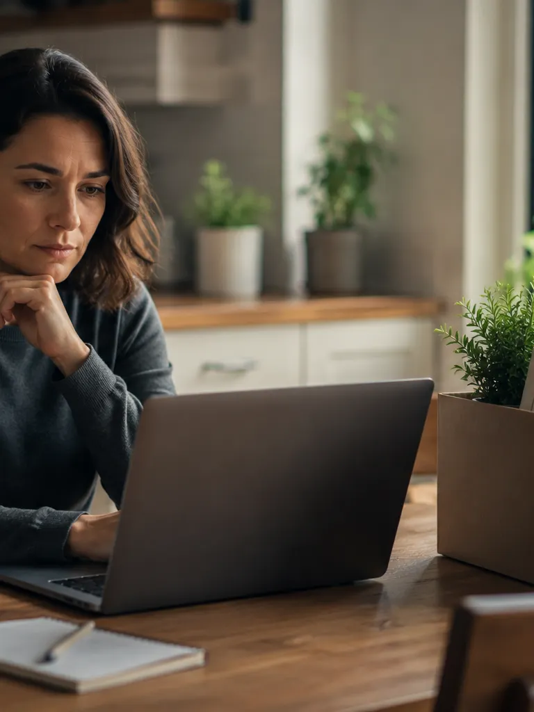 A recently laid-off woman searches for new jobs on a laptop at home, a box of office belongings beside her.