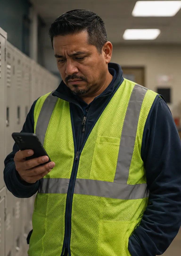 Worker's hands holding a pay stub beside a calculator, one finger pointing at a deduction line, with a pen and folder of payroll forms on the table.