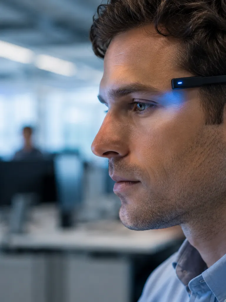 Side profile of a man in an office wearing a sleek headband-style wearable device with a glowing blue sensor near his temple, colleagues working at computers in the blurred background.