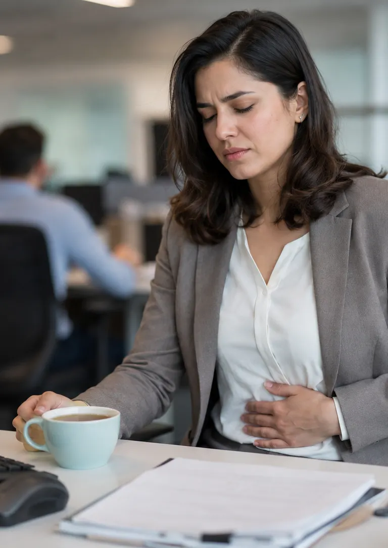 Woman at an office desk pausing from work with one hand pressed to her lower abdomen and eyes briefly closed in discomfort, a cup of tea nearby.