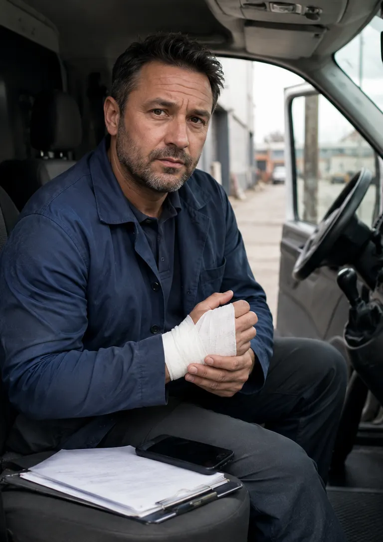 Delivery driver seated in a parked work van with the door open, one hand resting on a wrapped wrist, a phone and clipboard of paperwork on the seat beside them.