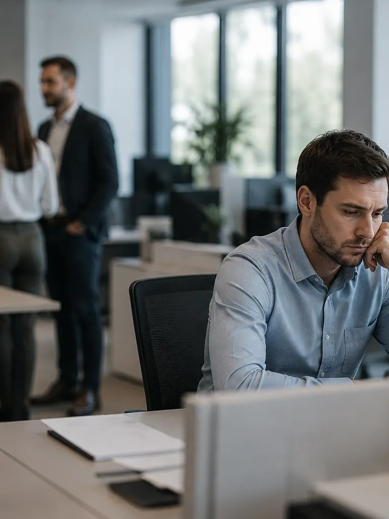 Employee sitting alone and withdrawn at a workstation in an open-plan office while a group of coworkers converses at a distance in the background.