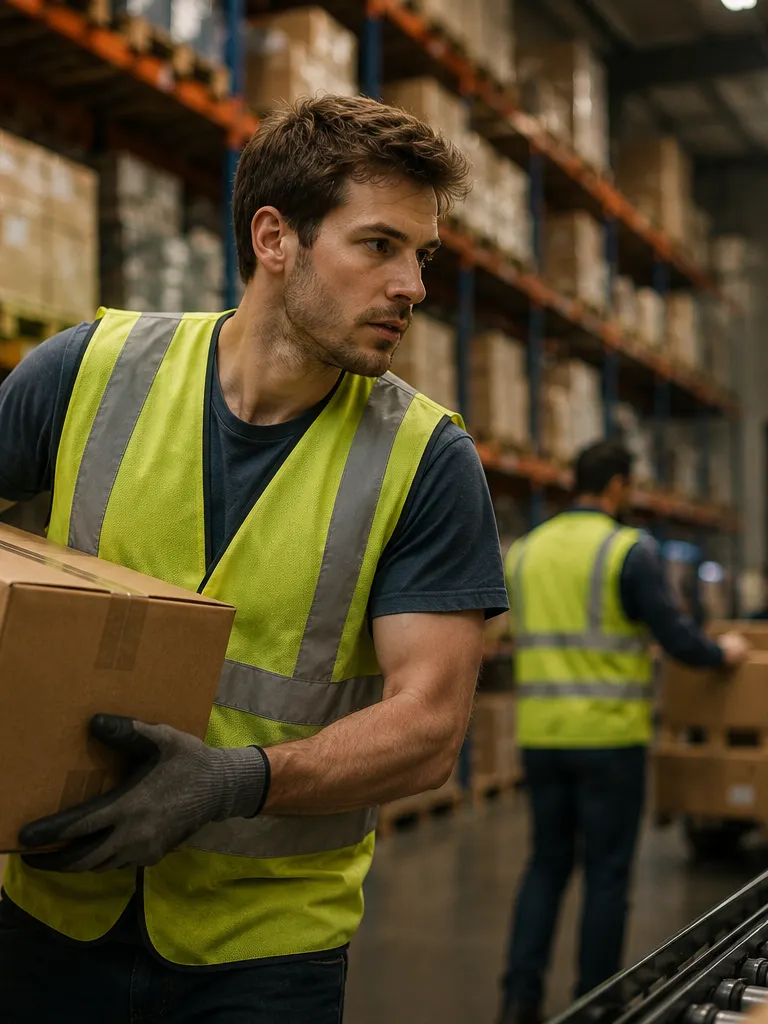 A warehouse worker moves a box under a clock, reflecting the time pressure of production quotas in a busy distribution center.