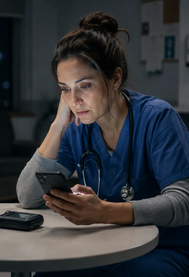 Tired nurse in blue scrubs with a stethoscope sitting at a table at night, resting her head on one hand while looking at her phone, a coffee cup and pager nearby.