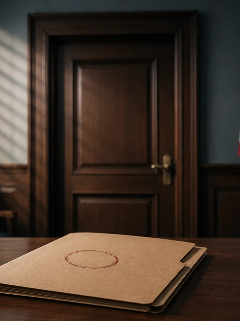A closed courtroom door beside a stack of legal files, representing how a prior case can bar a new employment lawsuit.