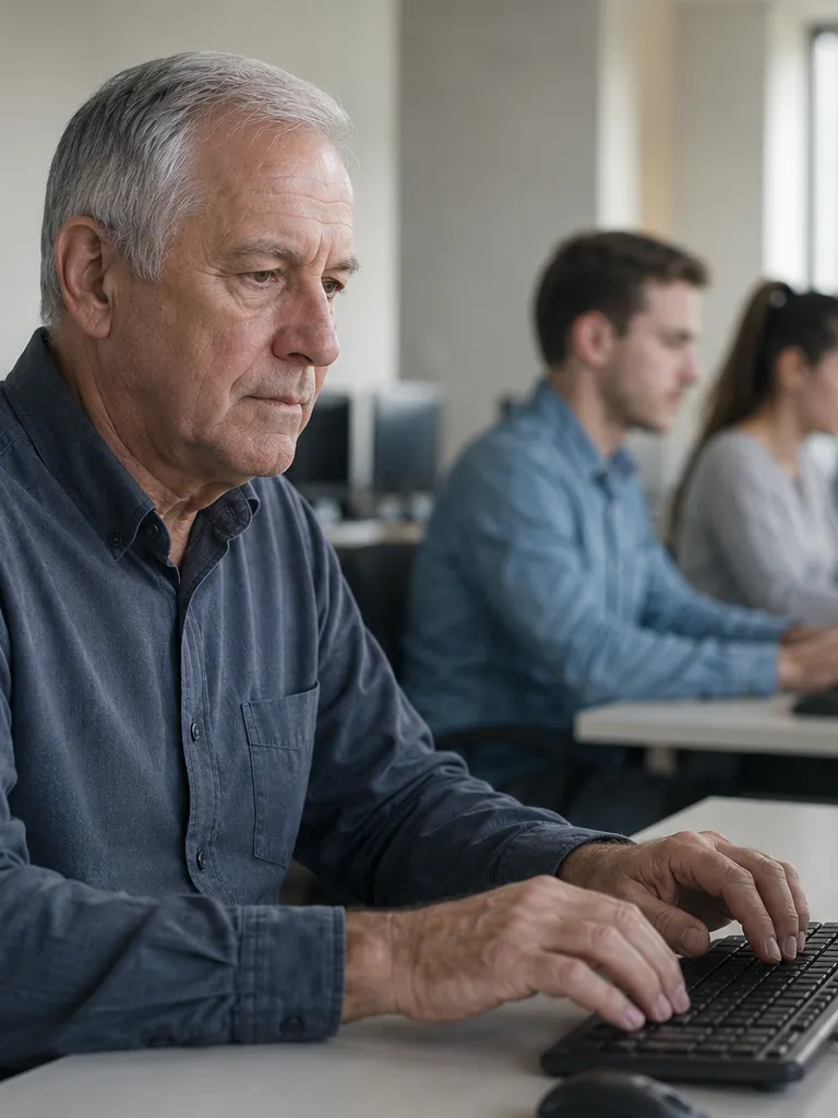 Older employee taking a computer-based assessment at a workstation, focused on the screen, with younger colleagues at similar stations out of focus behind.