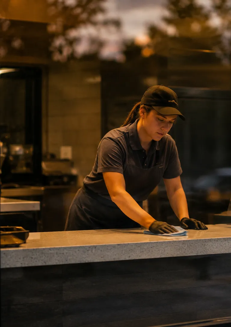 Fast-food worker in a plain uniform wiping a counter, seen through the restaurant's front window beneath a large blank storefront sign panel